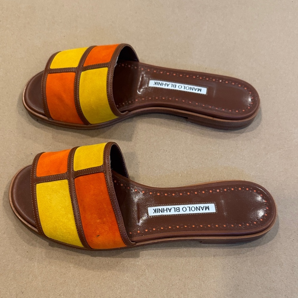 Manolo Blahnik Orange and Yellow Slide Sandals - Picture 2 of 6